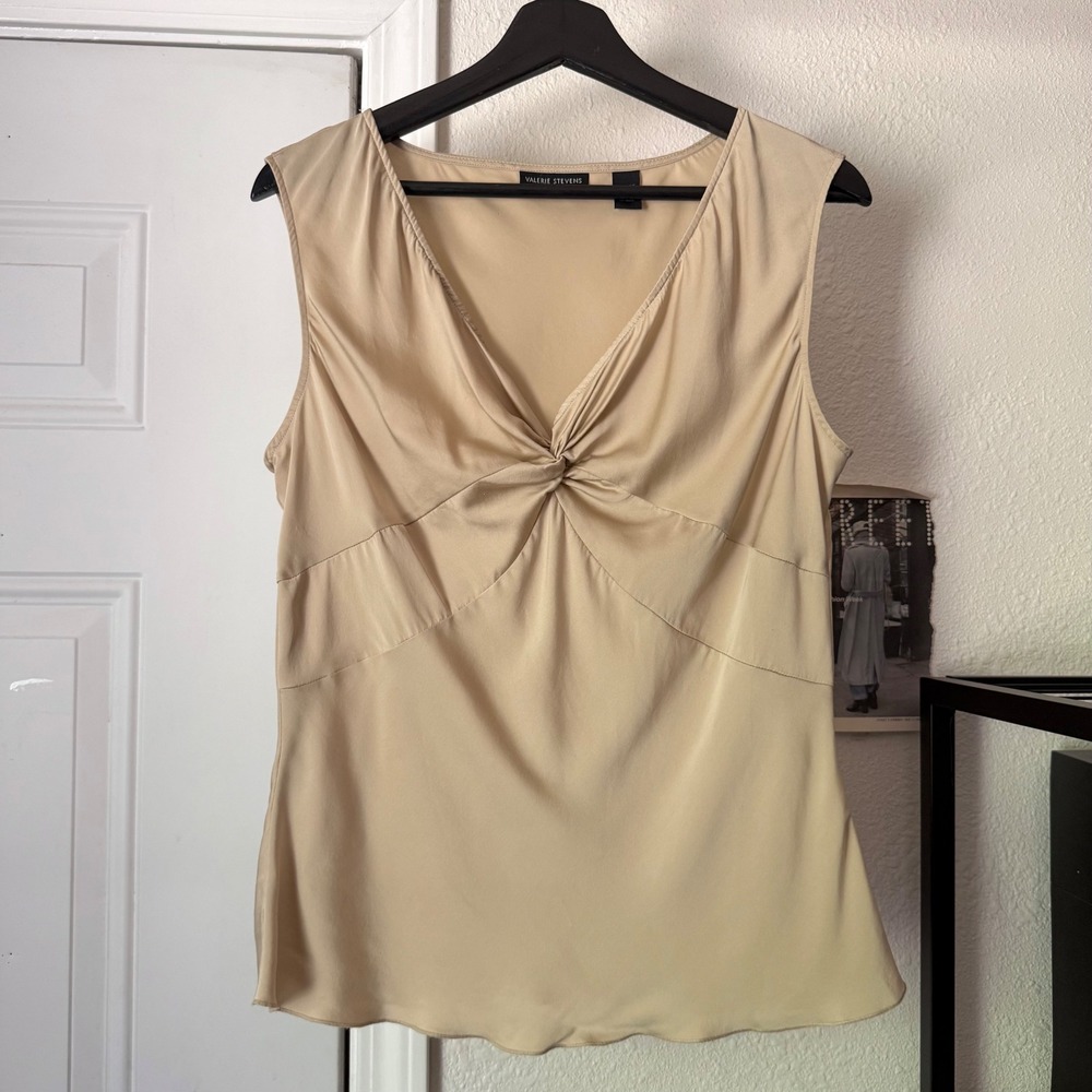 VALERIE STEVENS cream ivory silk twist front cami tank top